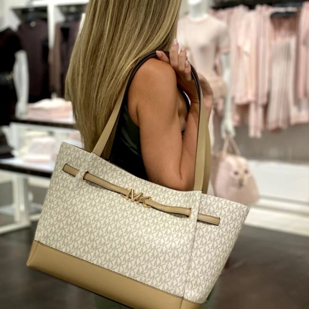 Michael Kors Reed Large Leather Belted Tote Shoulder Purse Bag